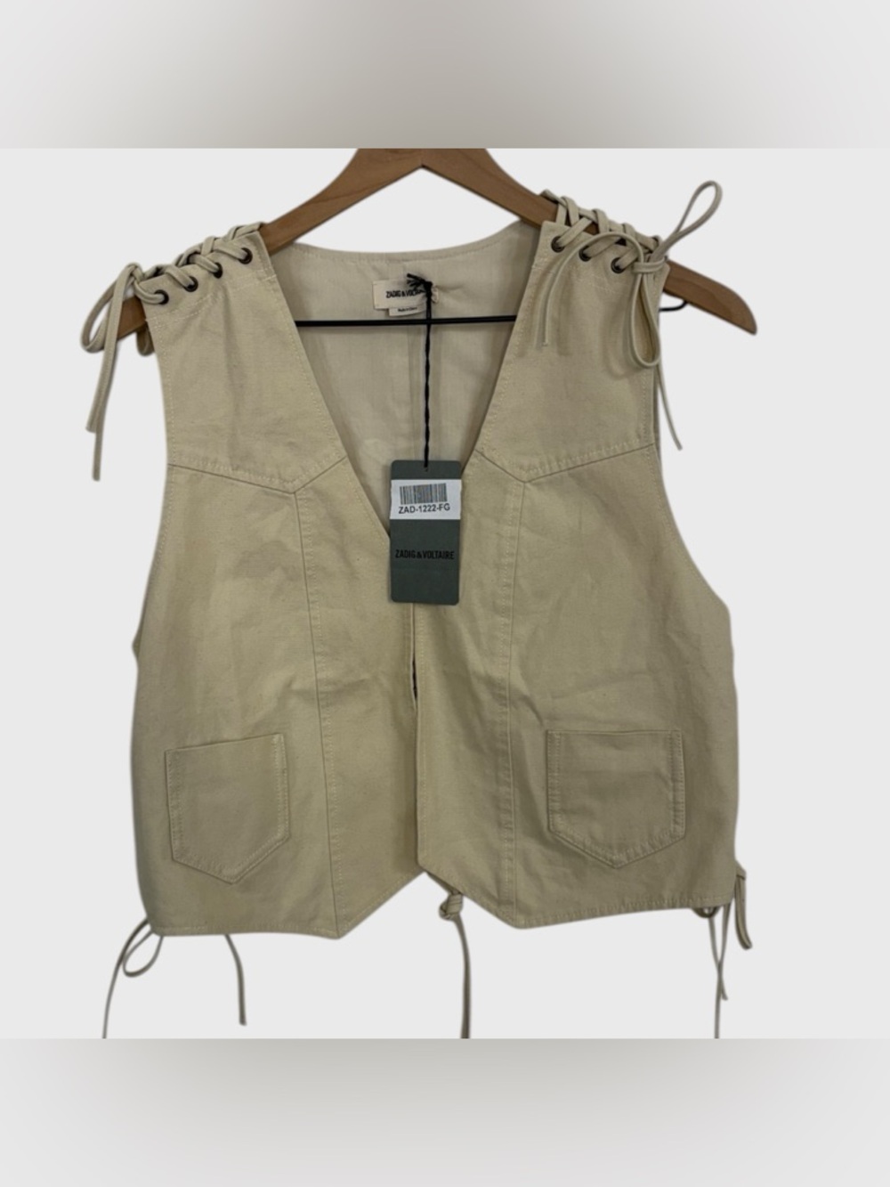 Zadig & Voltaire NWT Tan Gillier Canvas Cotton Lace Up Vest Size Medium
